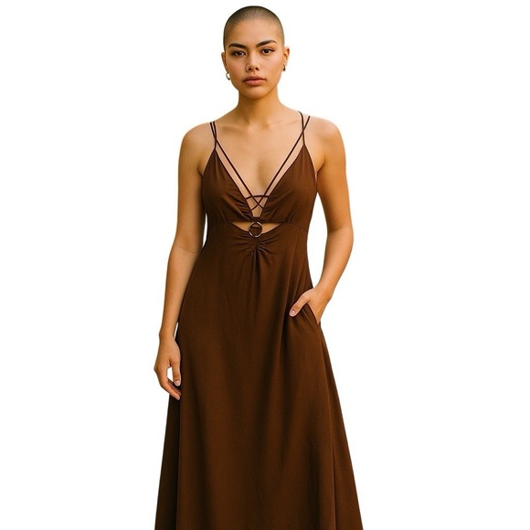 ZARA Maxi Dress Small Brown LINEN SLIP STRAPPY RUSTIC WOOD TASSEL BEADED - Picture 1 of 5